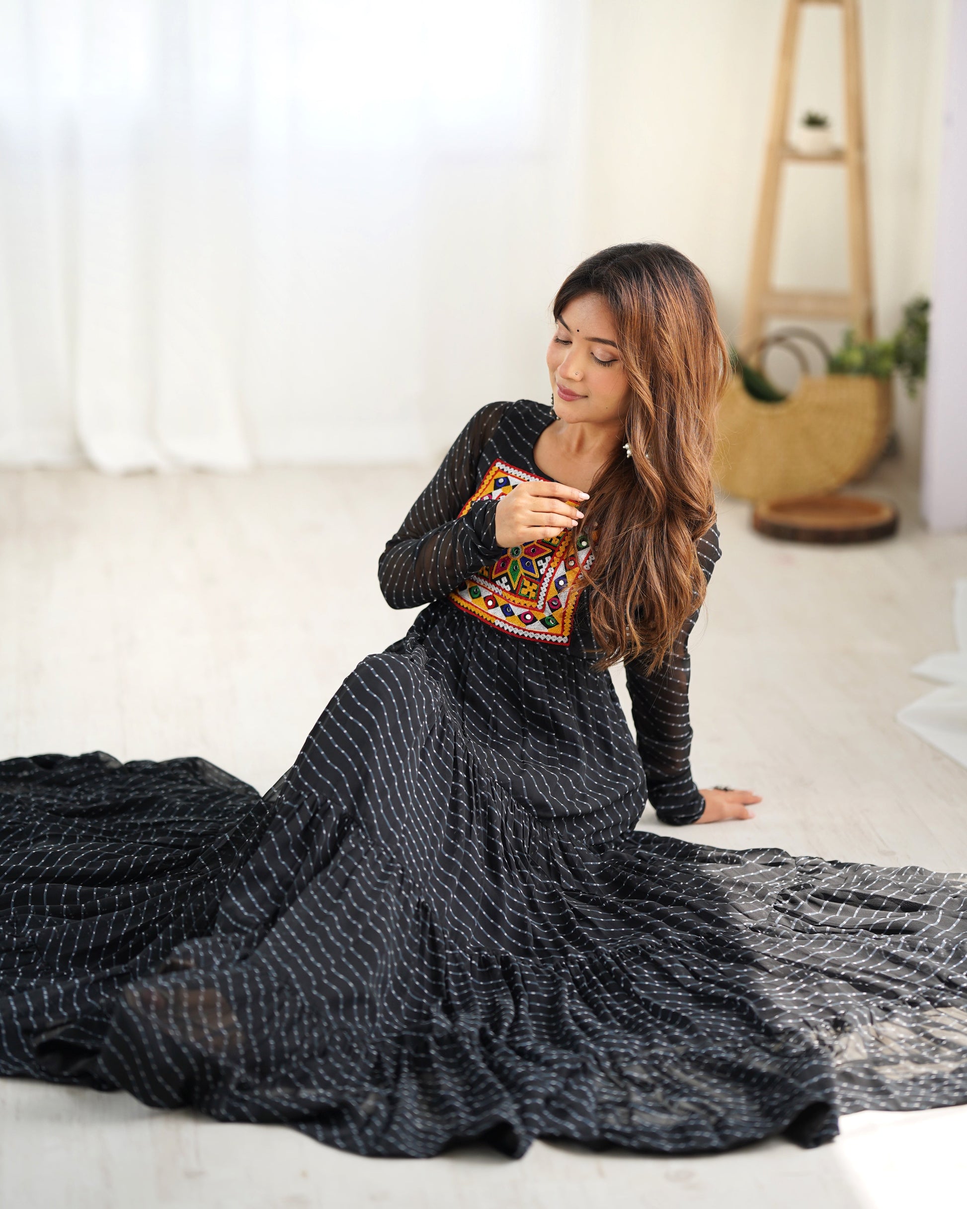 Lorenvalley Women Pure Soft Faux Georgette Leheriya Print Anarkali Gown - Black | Swadesiicart