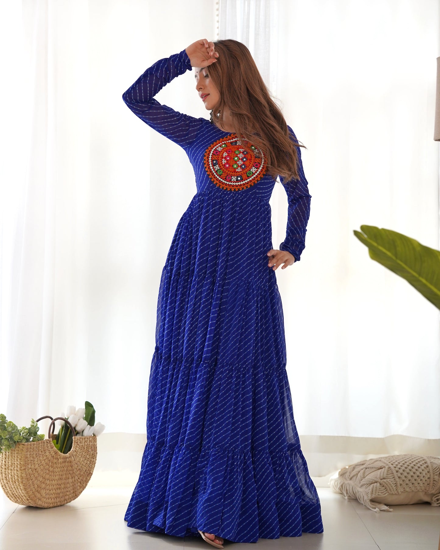 Lorenvalley Women Pure Soft Faux Georgette Leheriya Print Anarkali Gown - Blue | Swadesiicart