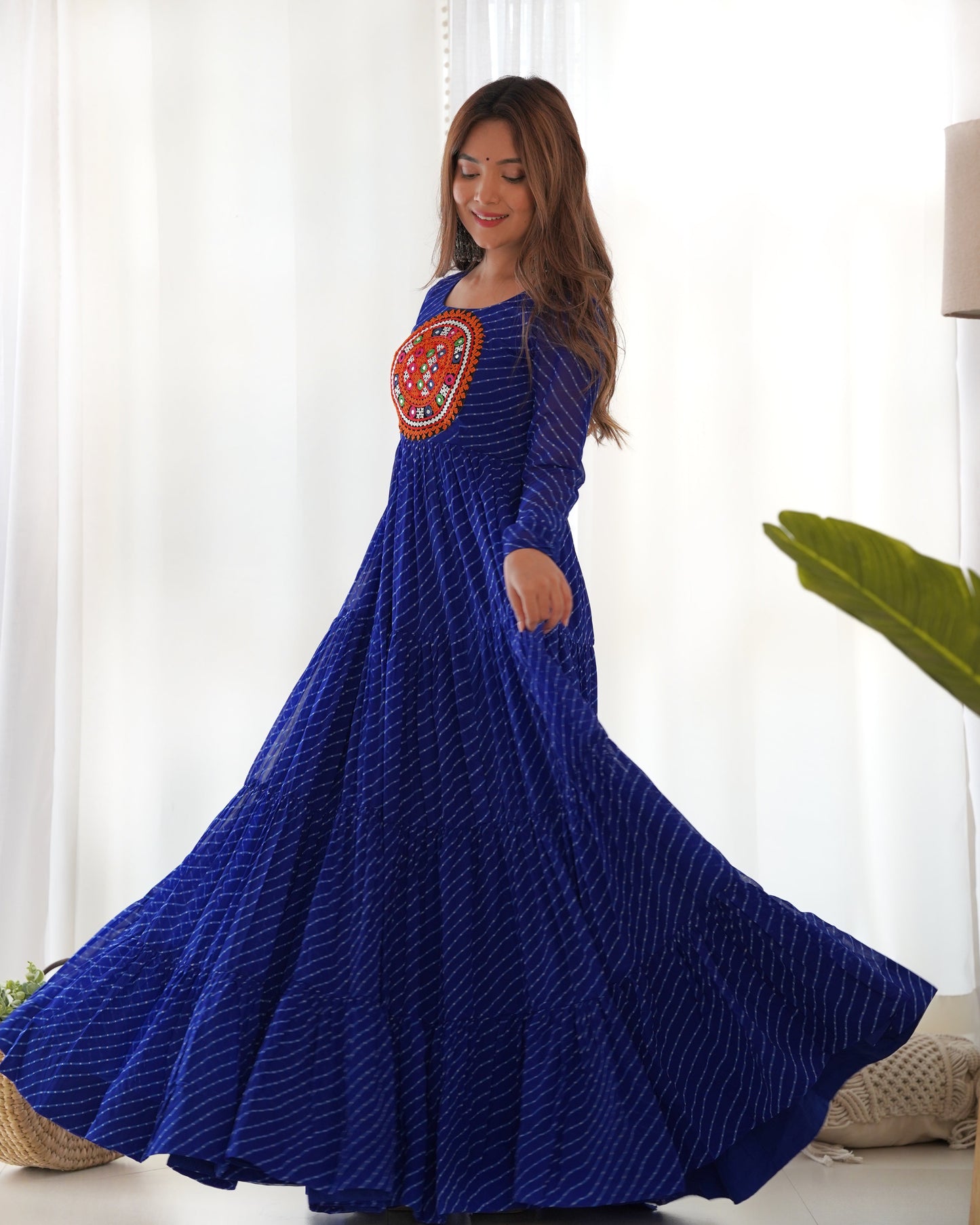 Lorenvalley Women Pure Soft Faux Georgette Leheriya Print Anarkali Gown - Blue | Swadesiicart