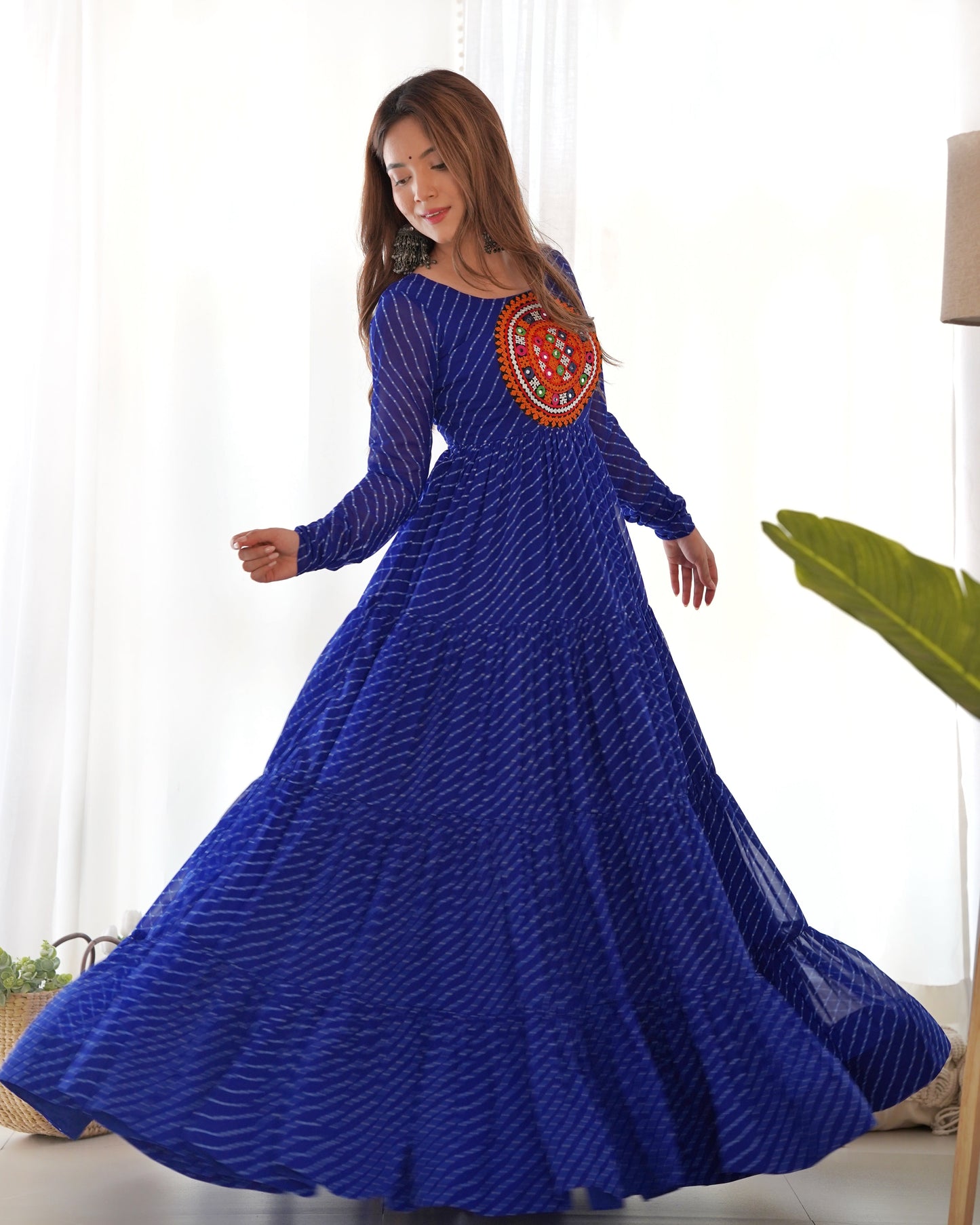 Lorenvalley Women Pure Soft Faux Georgette Leheriya Print Anarkali Gown - Blue | Swadesiicart