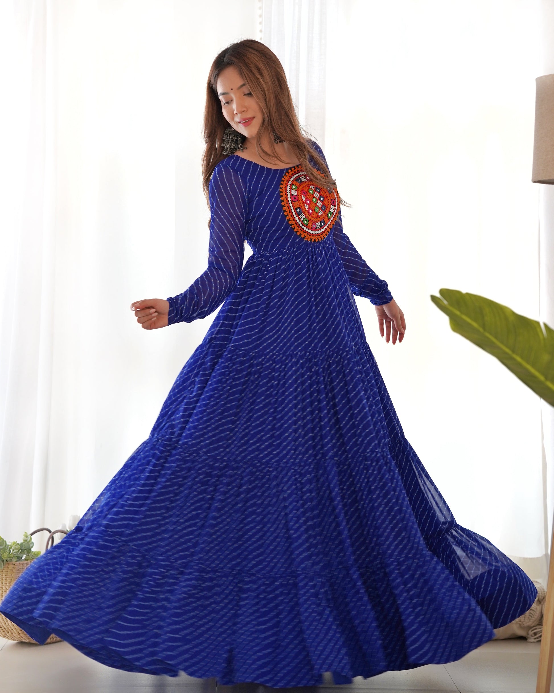 Lorenvalley Women Pure Soft Faux Georgette Leheriya Print Anarkali Gown - Blue | Swadesiicart