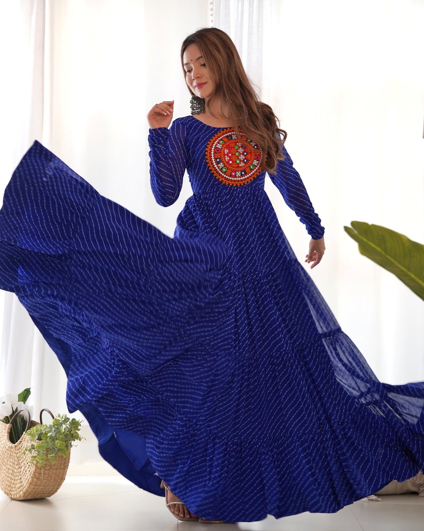 Lorenvalley Women Pure Soft Faux Georgette Leheriya Print Anarkali Gown - Blue | Swadesiicart