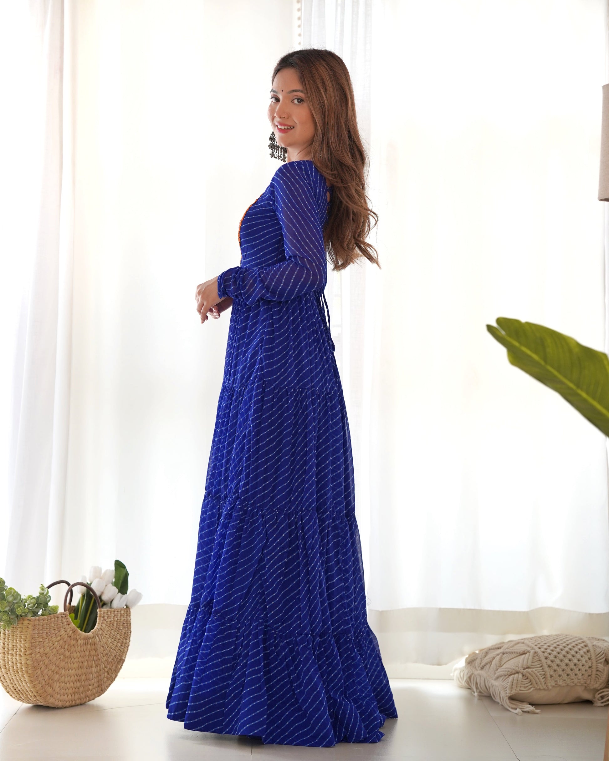 Lorenvalley Women Pure Soft Faux Georgette Leheriya Print Anarkali Gown - Blue | Swadesiicart