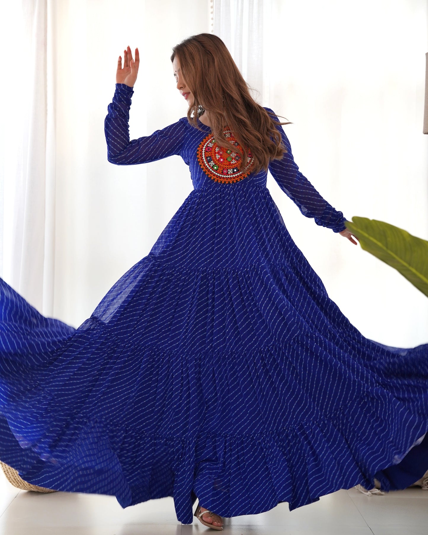 Lorenvalley Women Pure Soft Faux Georgette Leheriya Print Anarkali Gown - Blue | Swadesiicart