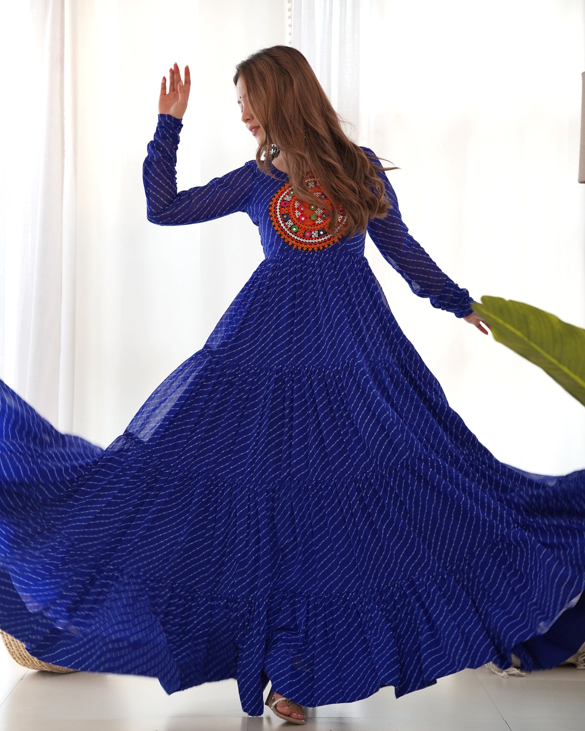 Lorenvalley Women Pure Soft Faux Georgette Leheriya Print Anarkali Gown - Blue | Swadesiicart