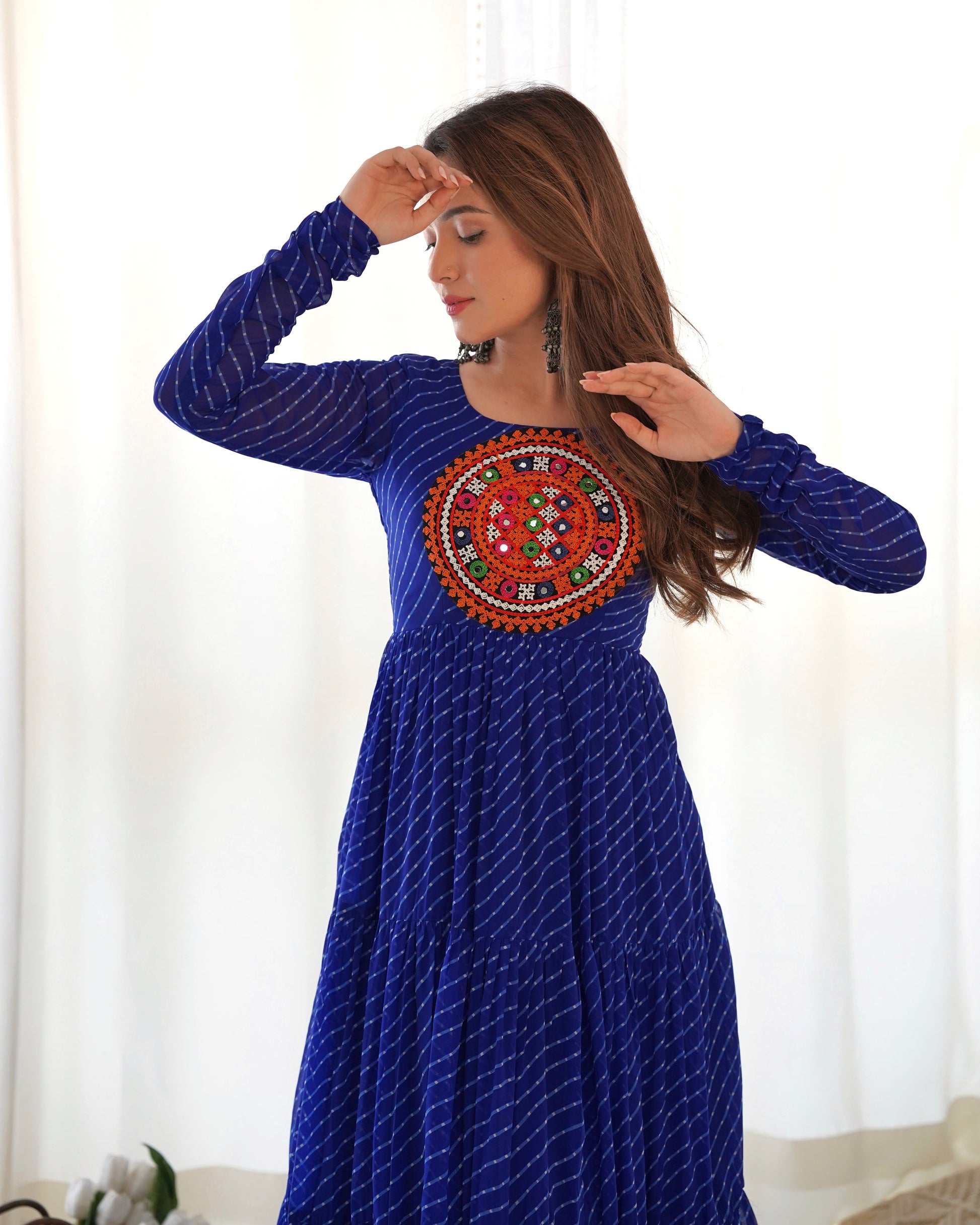 Lorenvalley Women Pure Soft Faux Georgette Leheriya Print Anarkali Gown - Blue | Swadesiicart