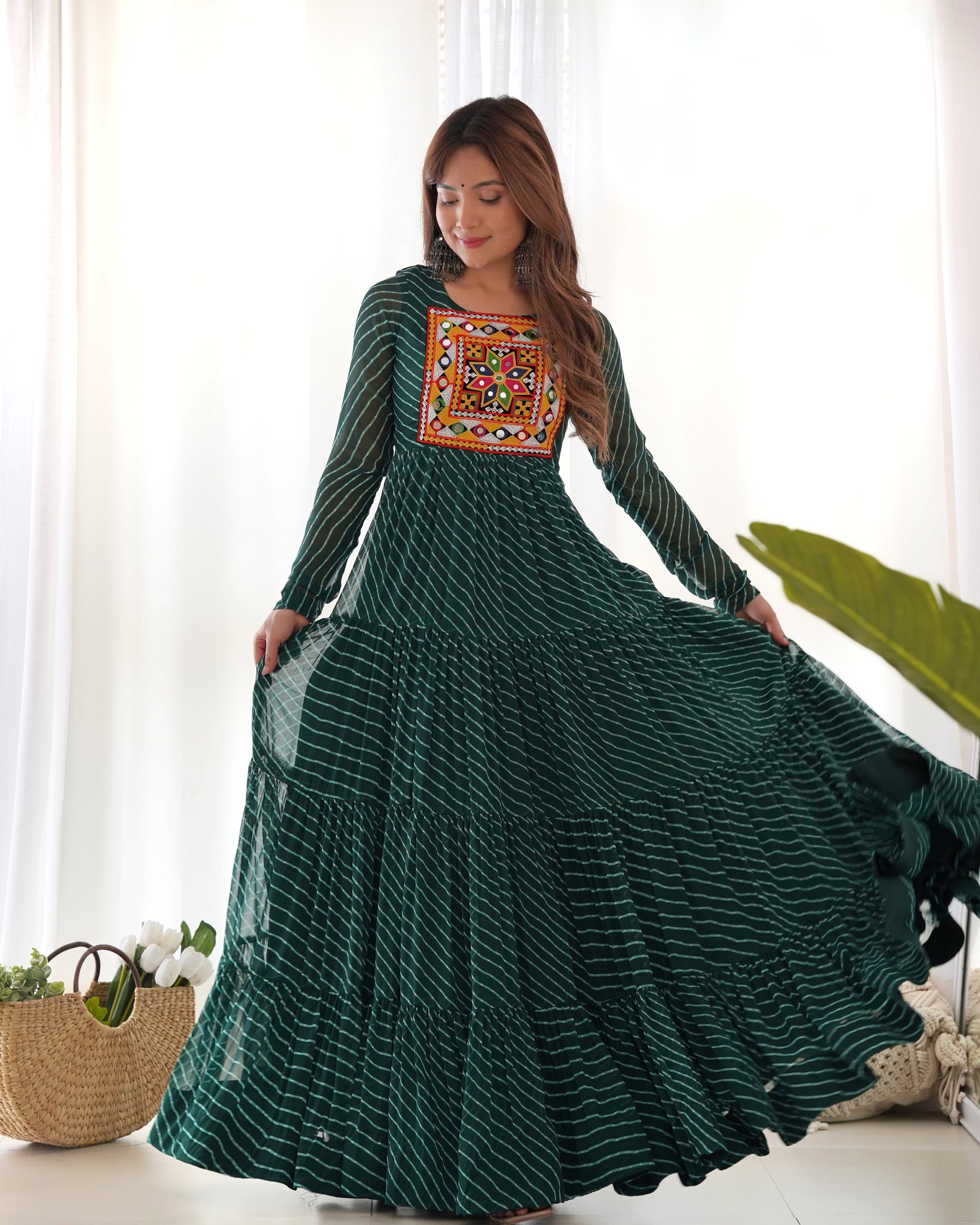 Lorenvalley Women Pure Soft Faux Georgette Leheriya Print Anarkali Gown - Green | Swadesiicart