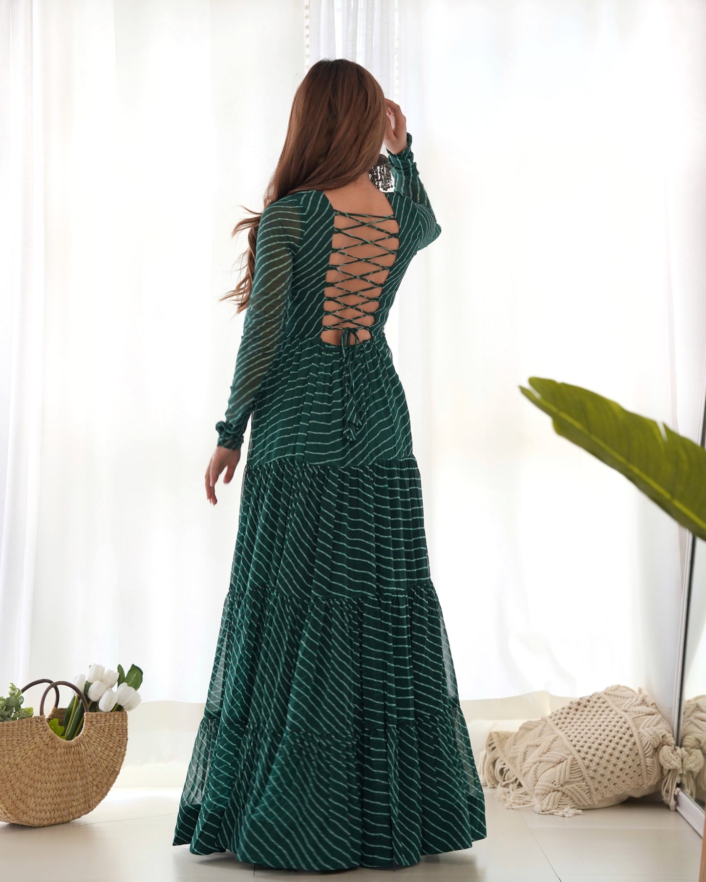Lorenvalley Women Pure Soft Faux Georgette Leheriya Print Anarkali Gown - Green | Swadesiicart
