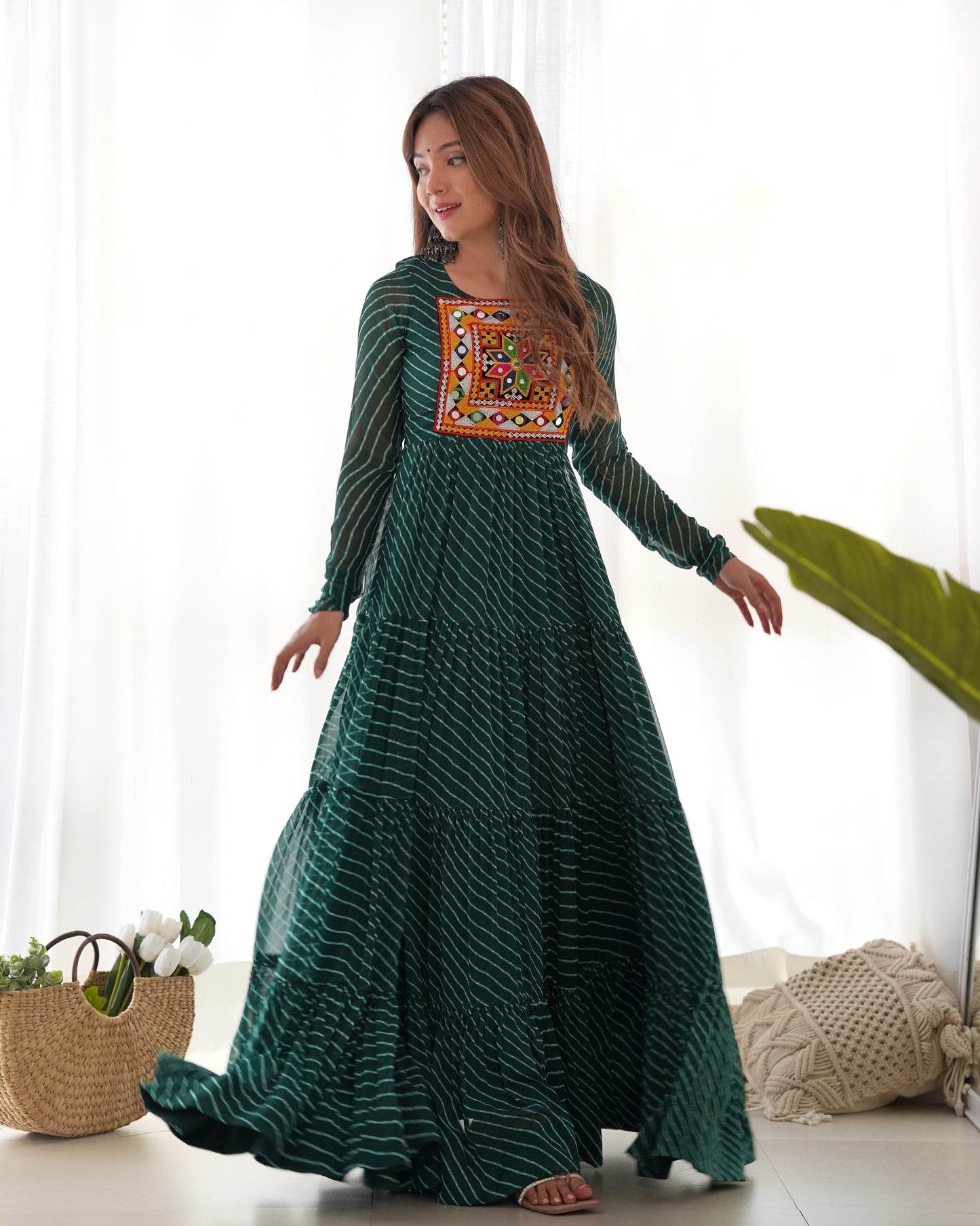 Lorenvalley Women Pure Soft Faux Georgette Leheriya Print Anarkali Gown - Green | Swadesiicart