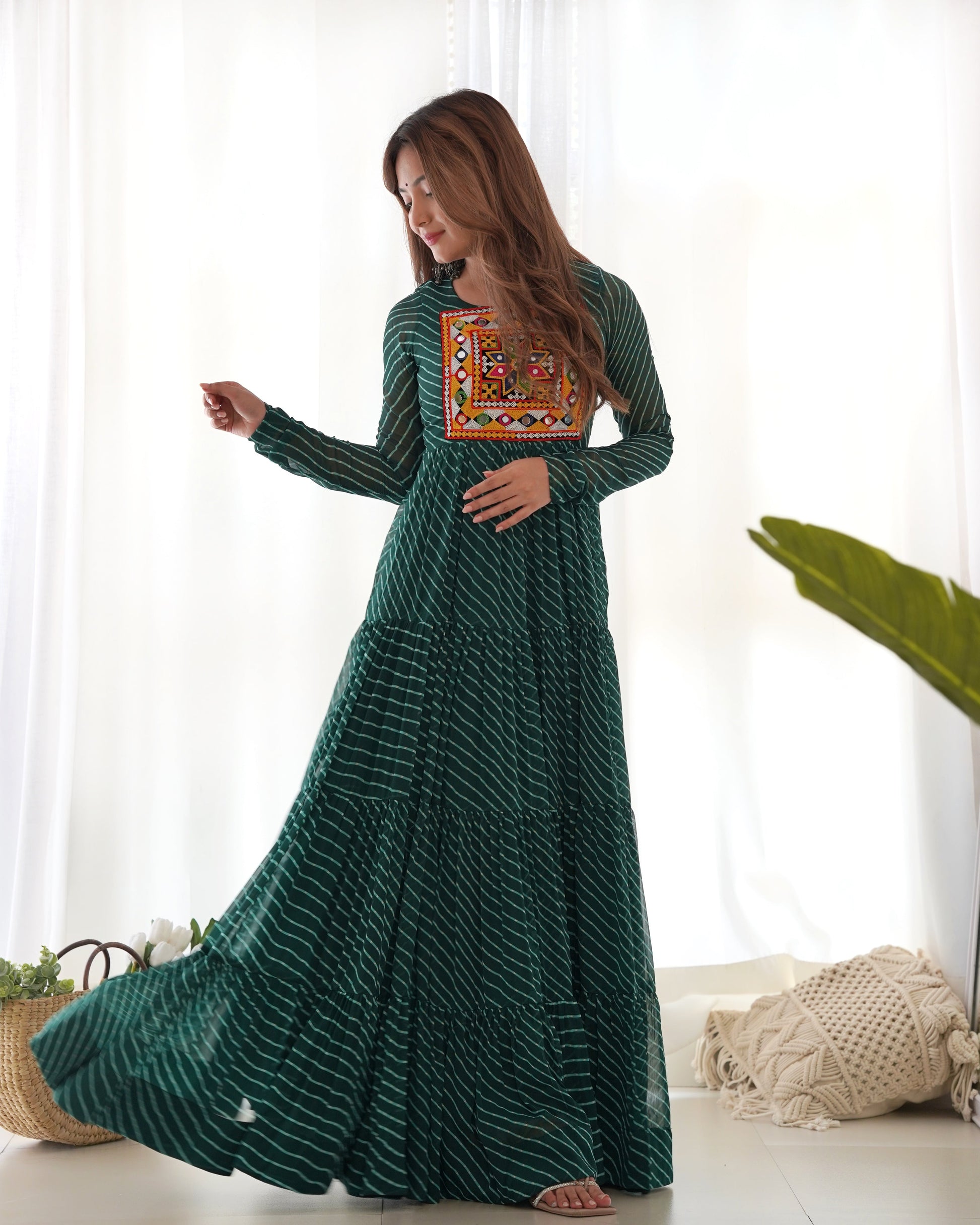 Lorenvalley Women Pure Soft Faux Georgette Leheriya Print Anarkali Gown - Green | Swadesiicart