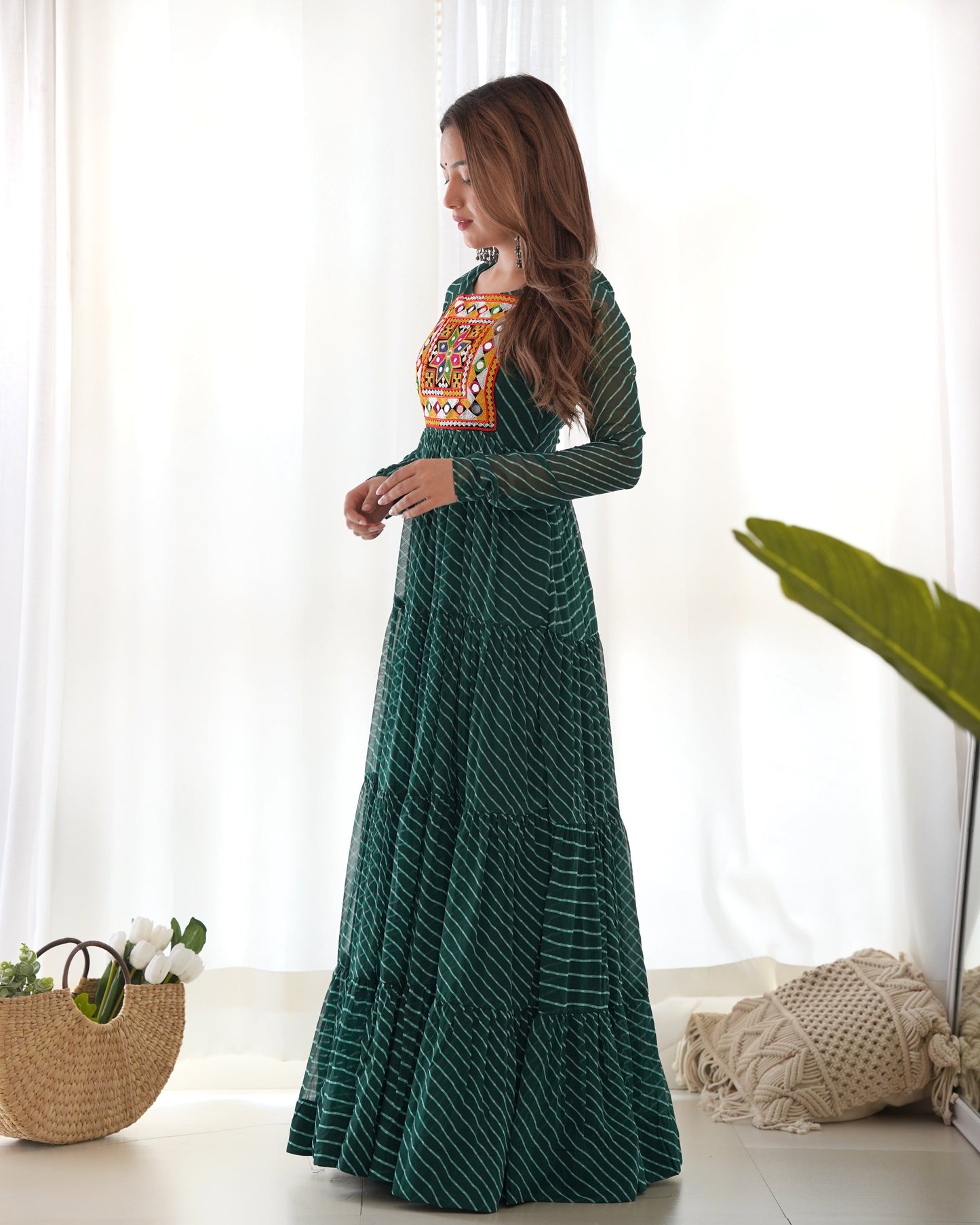 Lorenvalley Women Pure Soft Faux Georgette Leheriya Print Anarkali Gown - Green | Swadesiicart