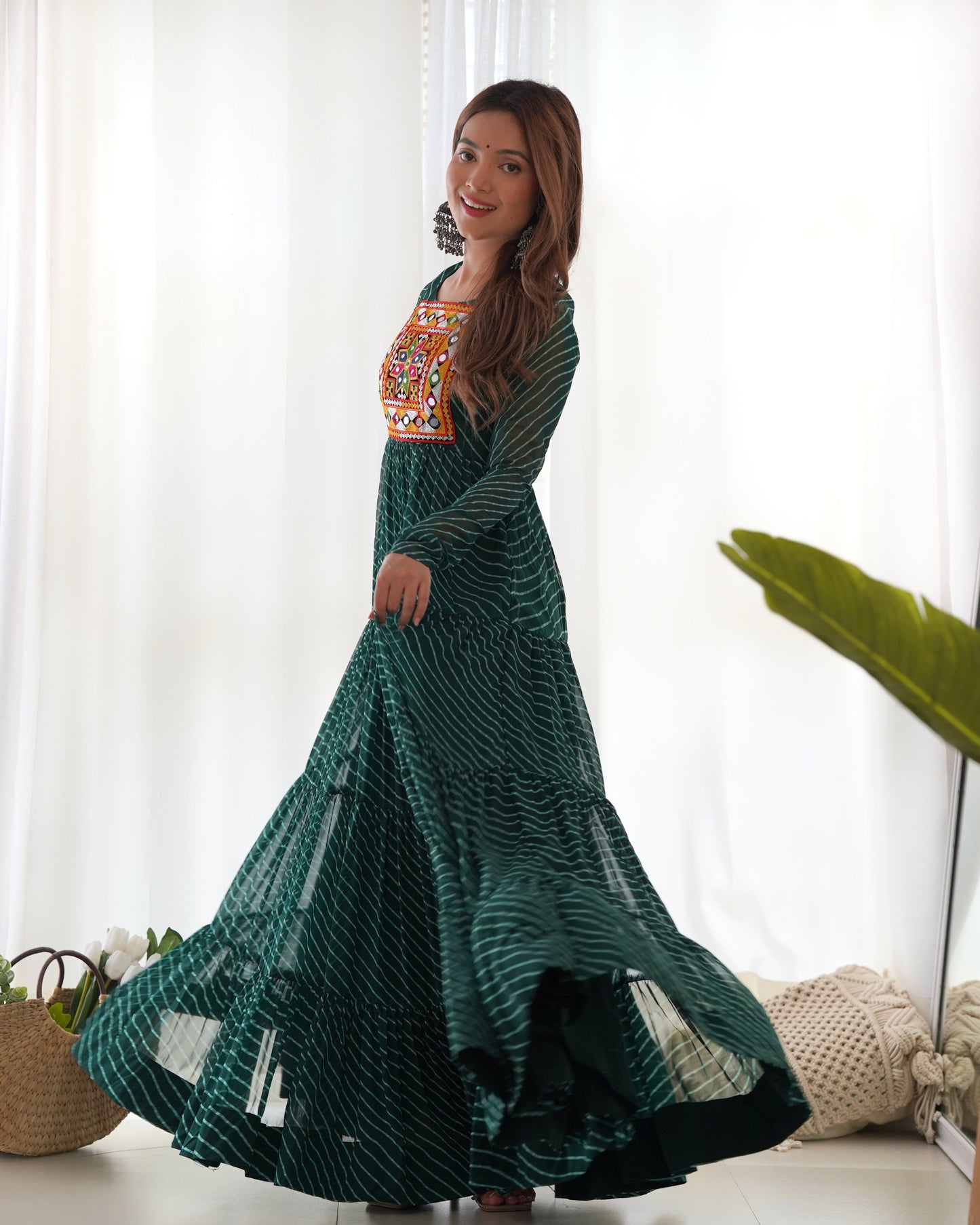 Lorenvalley Women Pure Soft Faux Georgette Leheriya Print Anarkali Gown - Green | Swadesiicart