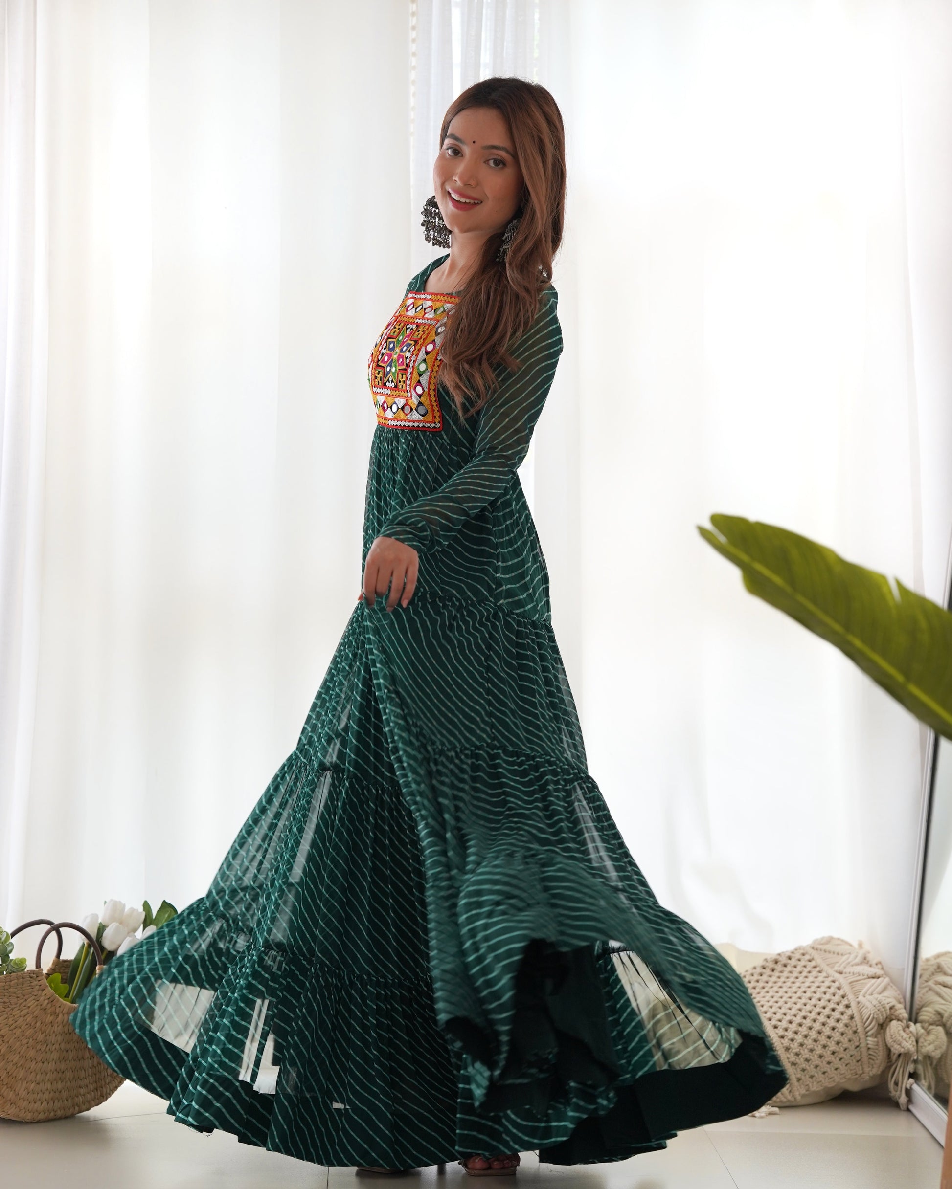 Lorenvalley Women Pure Soft Faux Georgette Leheriya Print Anarkali Gown - Green | Swadesiicart