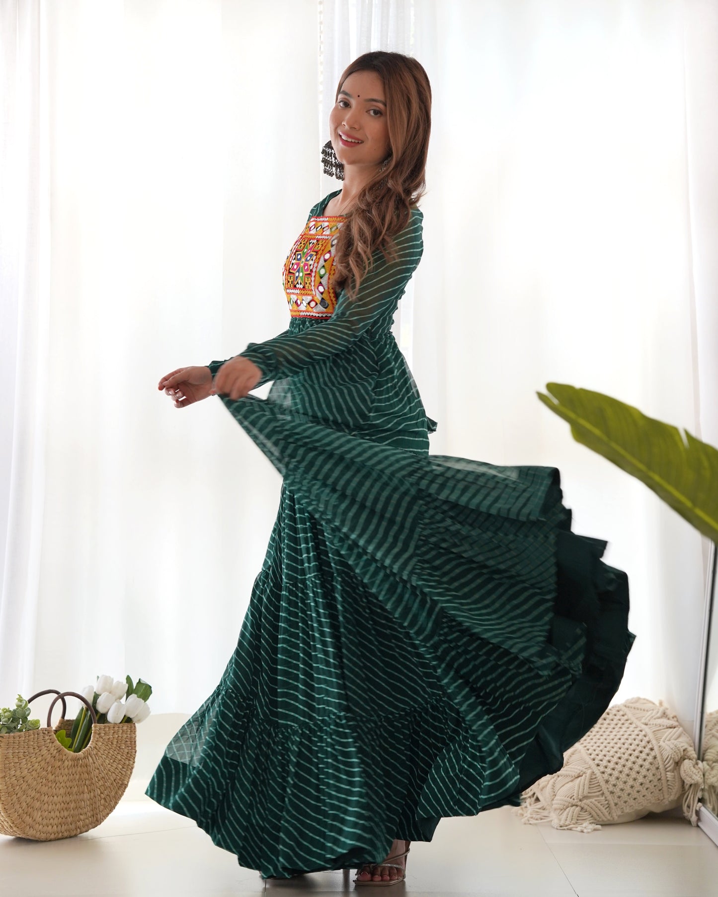 Lorenvalley Women Pure Soft Faux Georgette Leheriya Print Anarkali Gown - Green | Swadesiicart