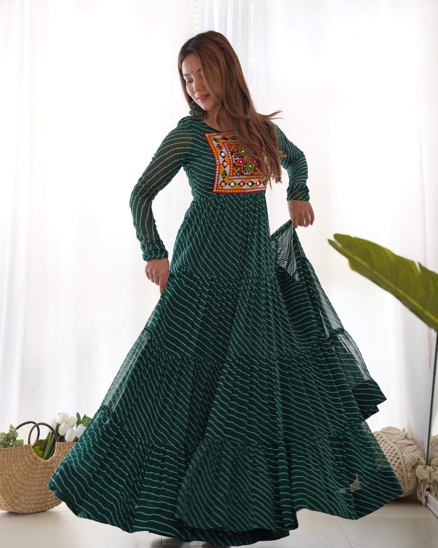 Lorenvalley Women Pure Soft Faux Georgette Leheriya Print Anarkali Gown - Green | Swadesiicart