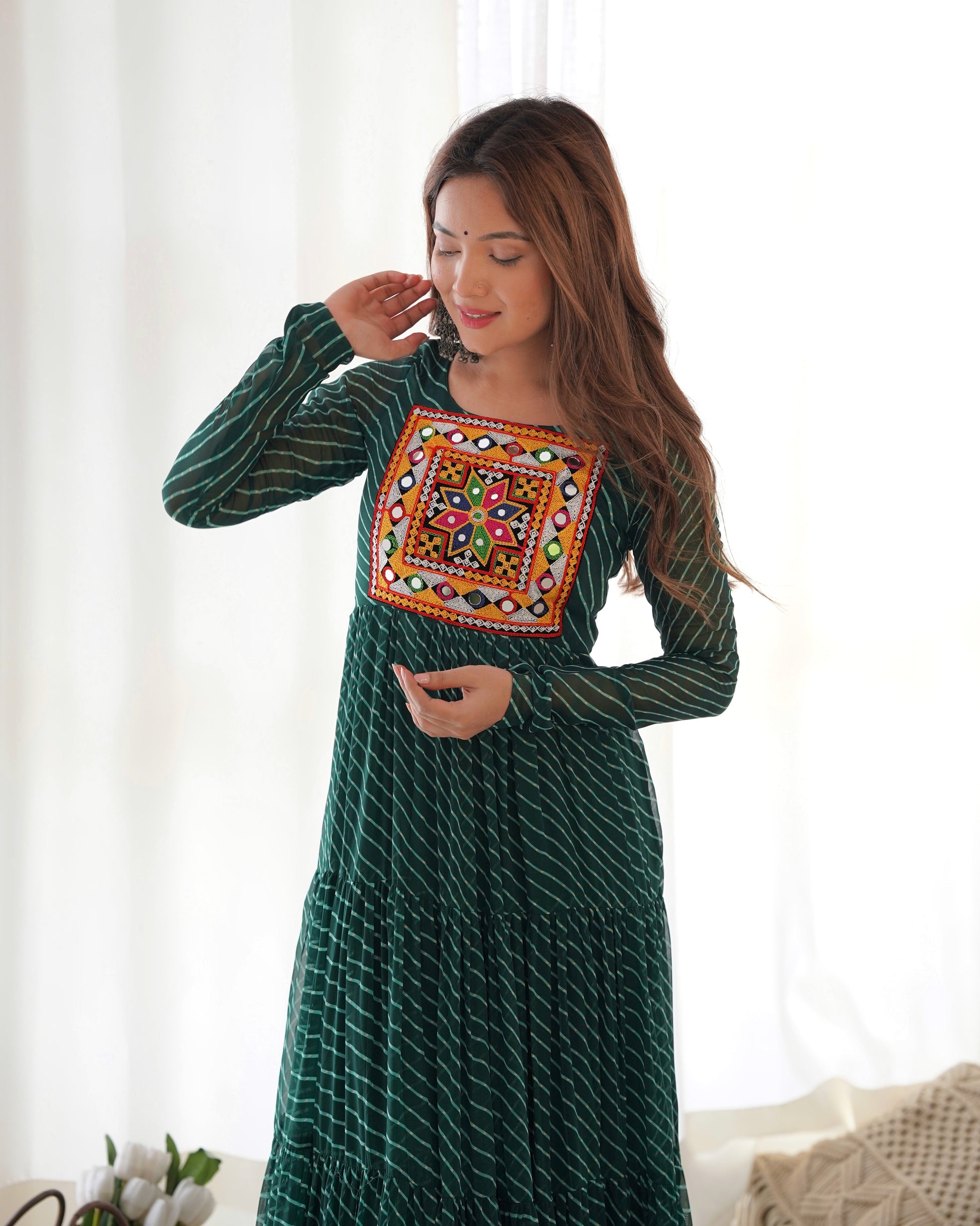 Lorenvalley Women Pure Soft Faux Georgette Leheriya Print Anarkali Gown - Green | Swadesiicart