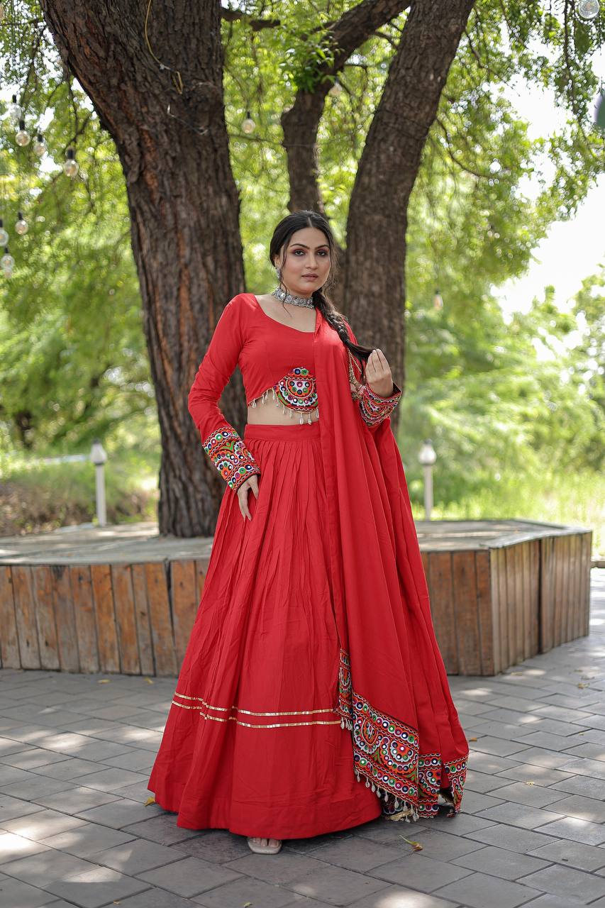 Lorenvalley Red Rayon with Real Mirror Embroidered Kutchi Thread work with codi Lehenga Choli | Swadesiicart