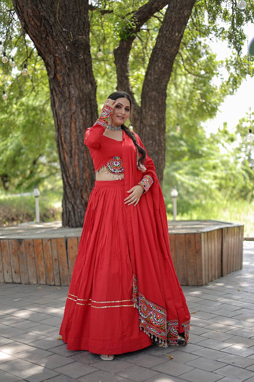 Lorenvalley Red Rayon with Real Mirror Embroidered Kutchi Thread work with codi Lehenga Choli | Swadesiicart
