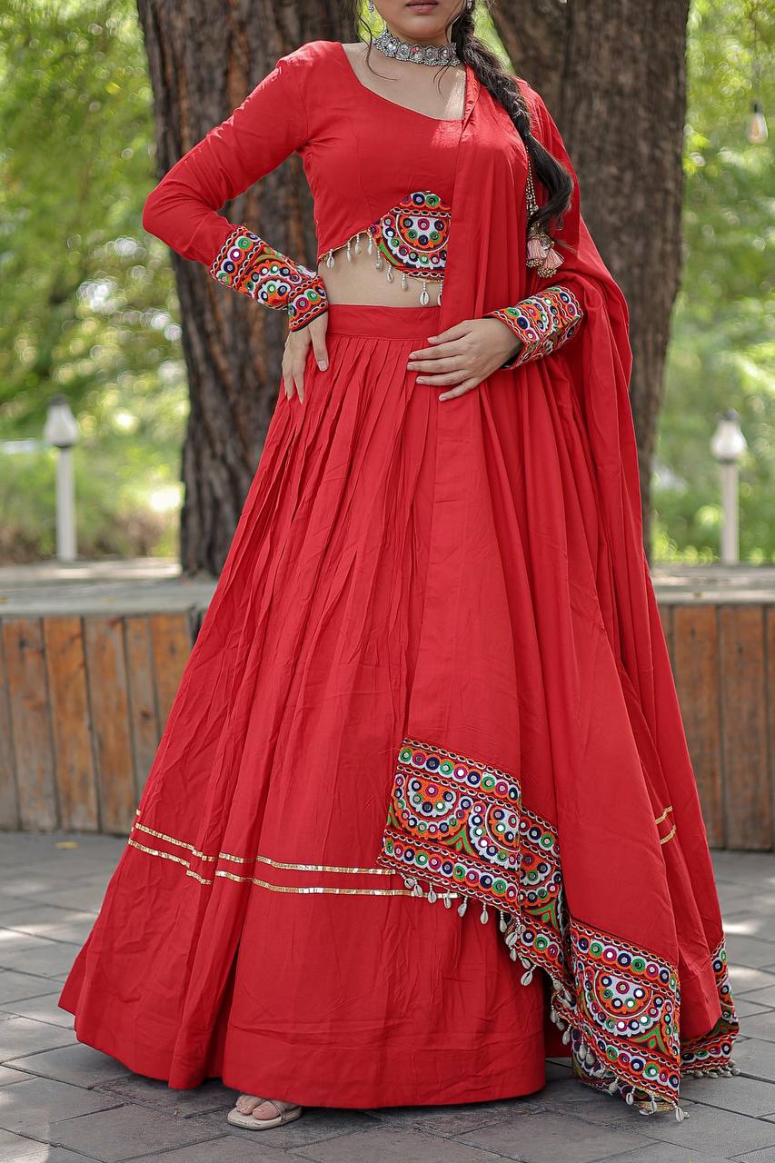Lorenvalley Red Rayon with Real Mirror Embroidered Kutchi Thread work with codi Lehenga Choli | Swadesiicart