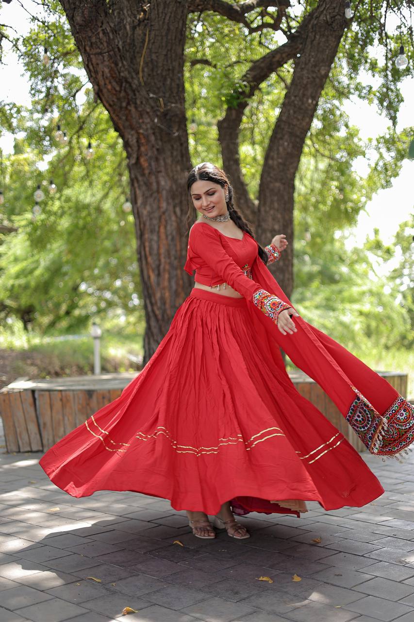 Lorenvalley Red Rayon with Real Mirror Embroidered Kutchi Thread work with codi Lehenga Choli | Swadesiicart