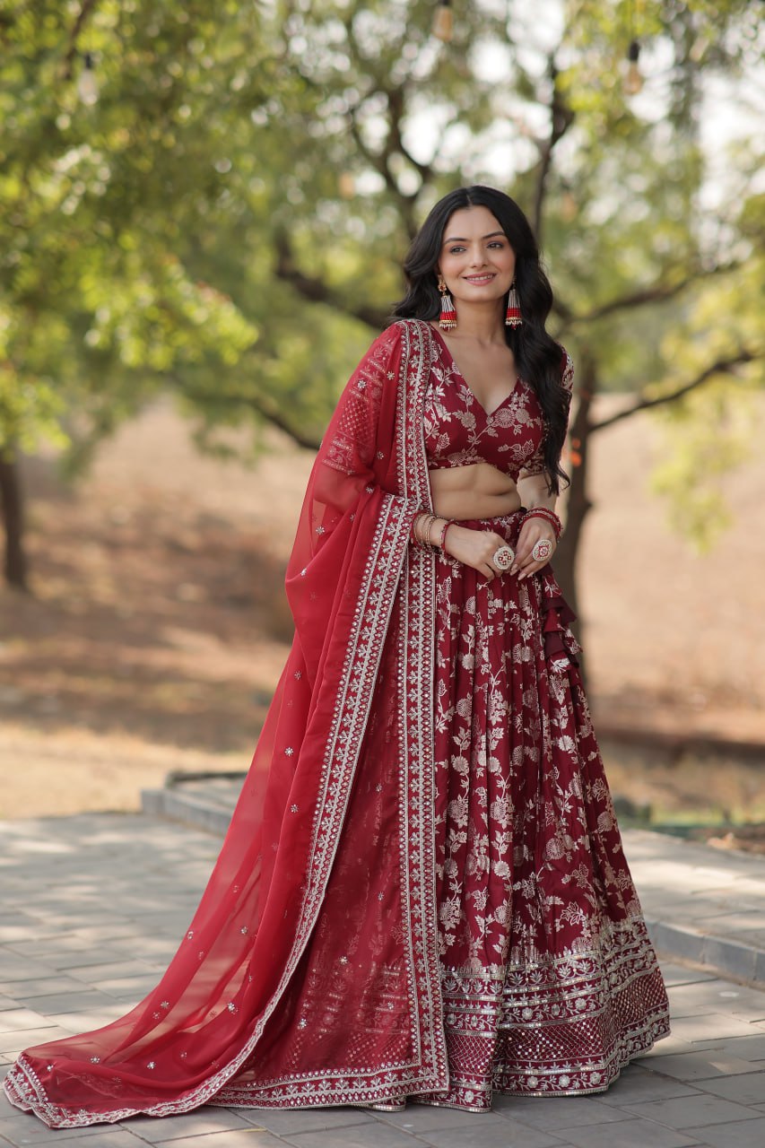 Lorenvalley Maroon Pure Viscose Jacquard with Embroidered Sequins work Lehenga Choli | Swadesiicart