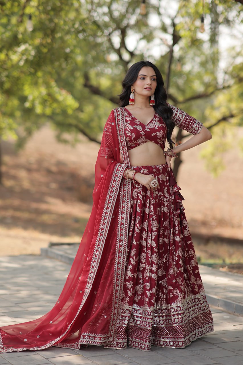 Lorenvalley Maroon Pure Viscose Jacquard with Embroidered Sequins work Lehenga Choli | Swadesiicart
