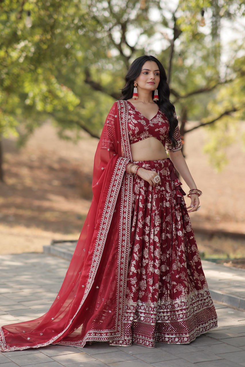 Lorenvalley Maroon Pure Viscose Jacquard with Embroidered Sequins work Lehenga Choli | Swadesiicart