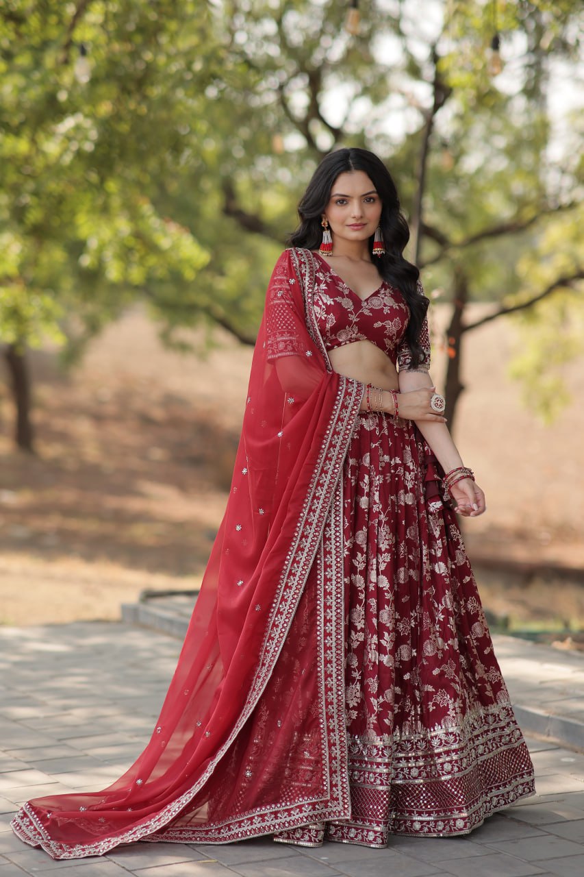 Lorenvalley Maroon Pure Viscose Jacquard with Embroidered Sequins work Lehenga Choli | Swadesiicart