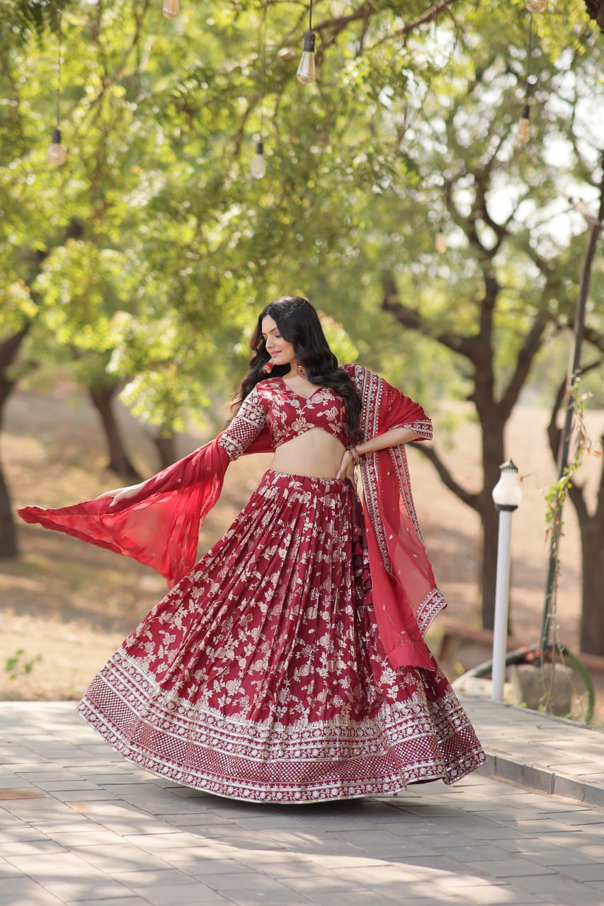 Lorenvalley Maroon Pure Viscose Jacquard with Embroidered Sequins work Lehenga Choli | Swadesiicart