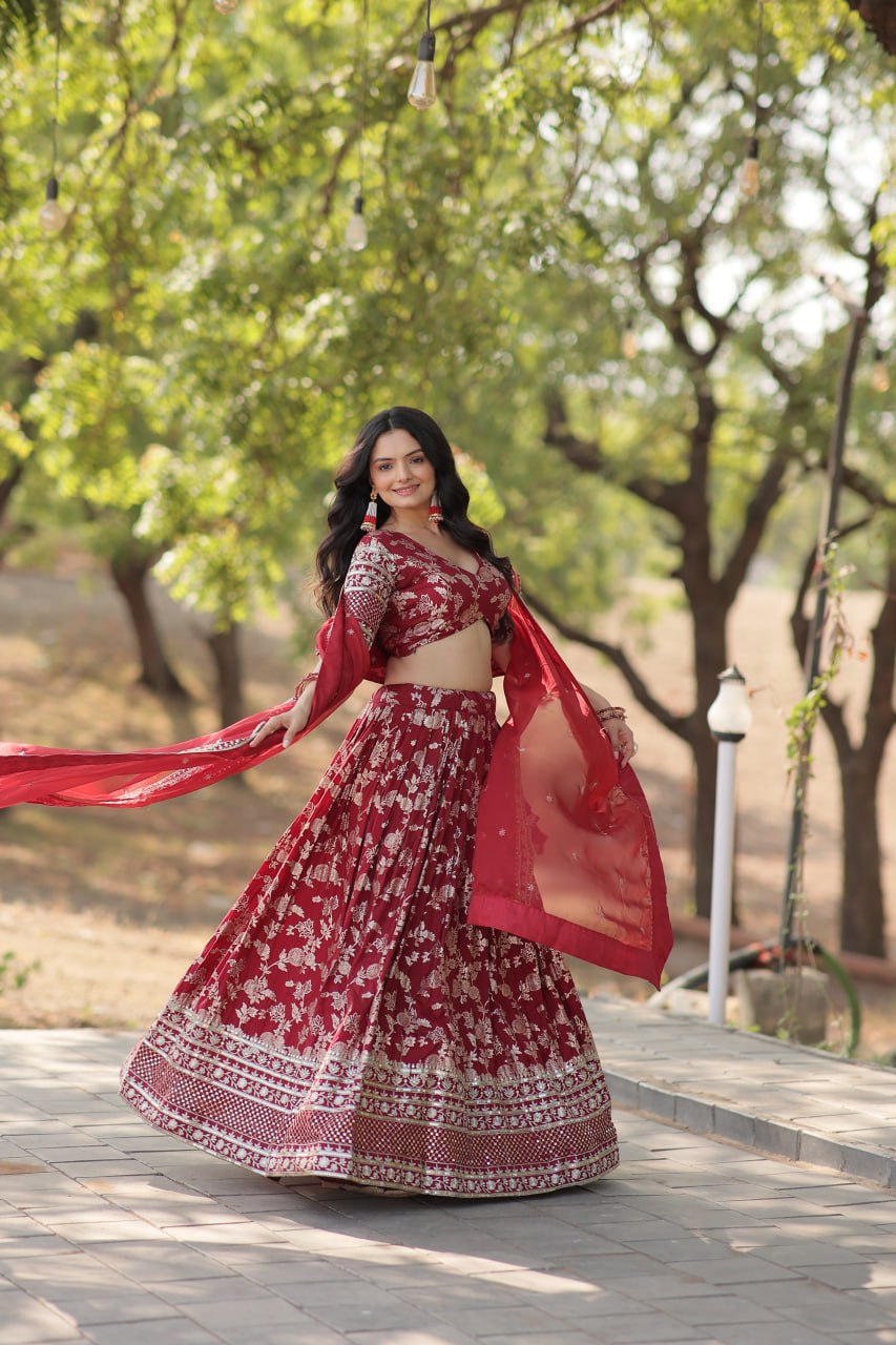 Lorenvalley Maroon Pure Viscose Jacquard with Embroidered Sequins work Lehenga Choli | Swadesiicart