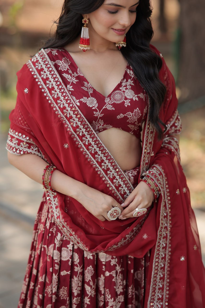 Lorenvalley Maroon Pure Viscose Jacquard with Embroidered Sequins work Lehenga Choli | Swadesiicart