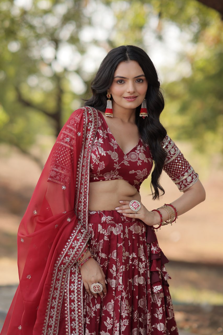 Lorenvalley Maroon Pure Viscose Jacquard with Embroidered Sequins work Lehenga Choli | Swadesiicart