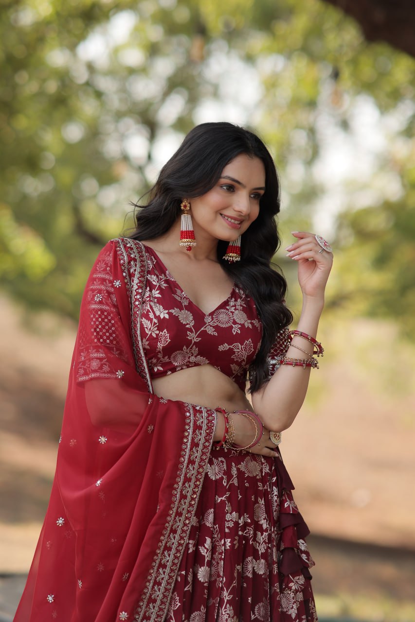 Lorenvalley Maroon Pure Viscose Jacquard with Embroidered Sequins work Lehenga Choli | Swadesiicart