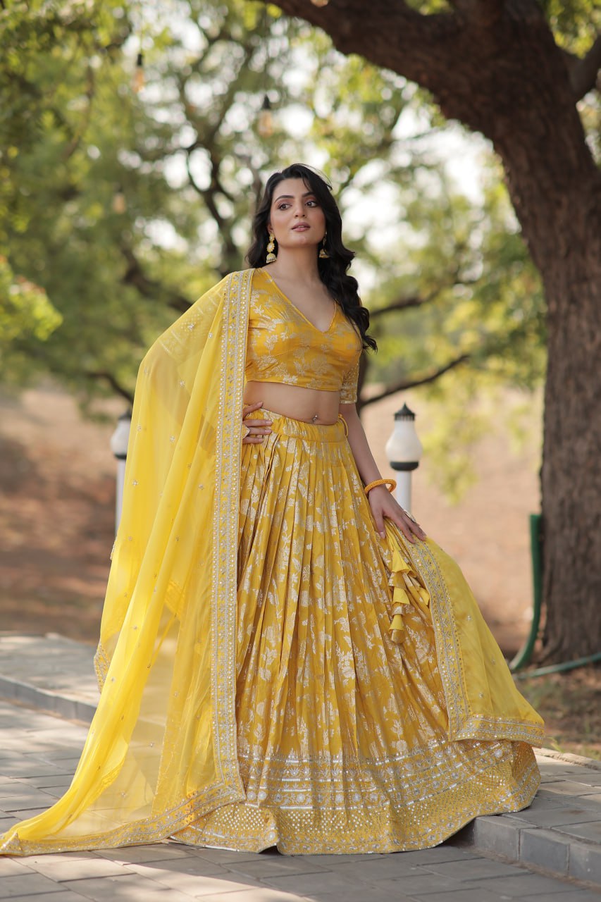 Lorenvalley Yellow Pure Viscose Jacquard with Embroidered Sequins work Lehenga Choli | Swadesiicart