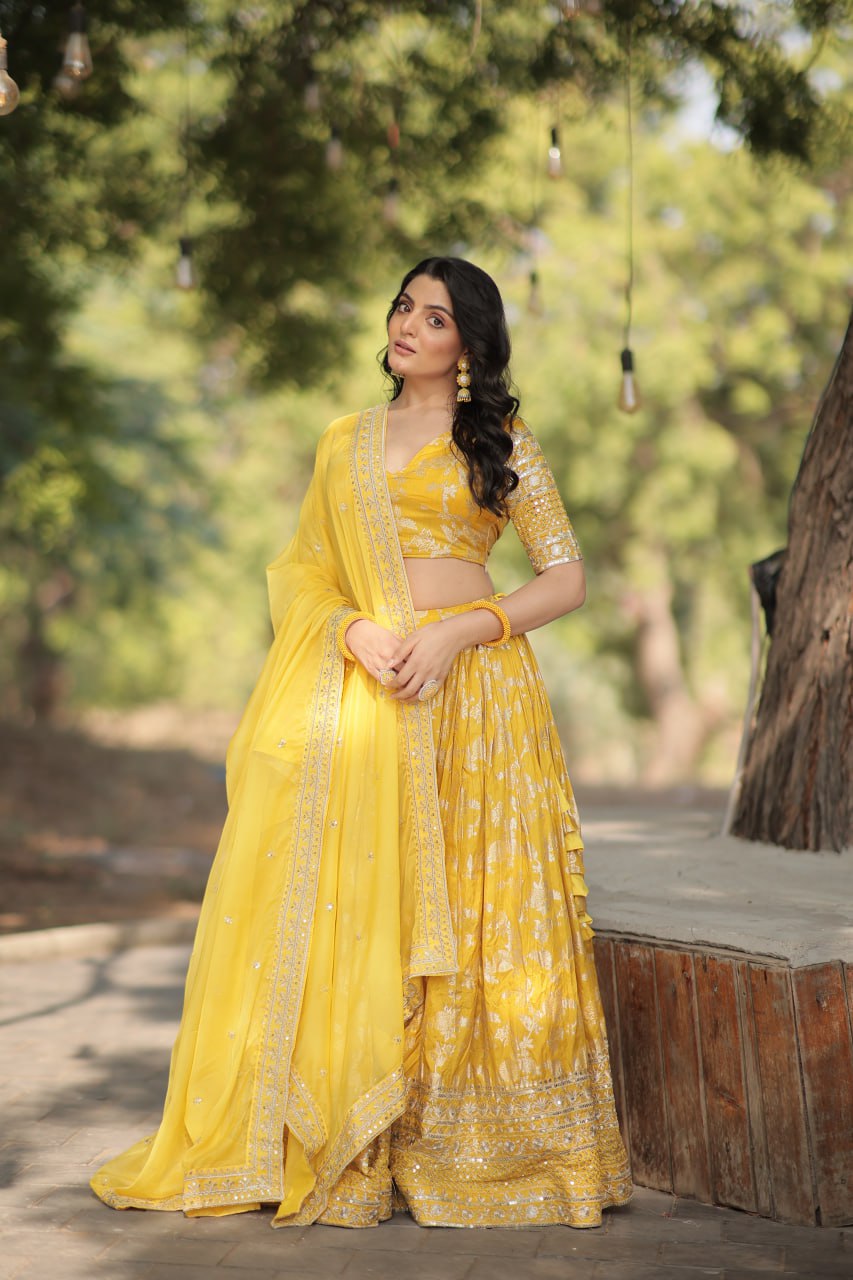 Lorenvalley Yellow Pure Viscose Jacquard with Embroidered Sequins work Lehenga Choli | Swadesiicart