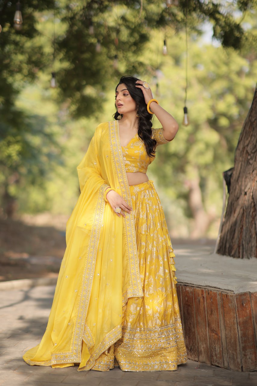 Lorenvalley Yellow Pure Viscose Jacquard with Embroidered Sequins work Lehenga Choli | Swadesiicart