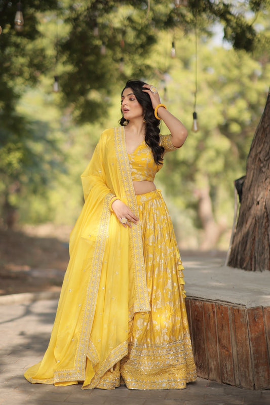 Lorenvalley Yellow Pure Viscose Jacquard with Embroidered Sequins work Lehenga Choli | Swadesiicart