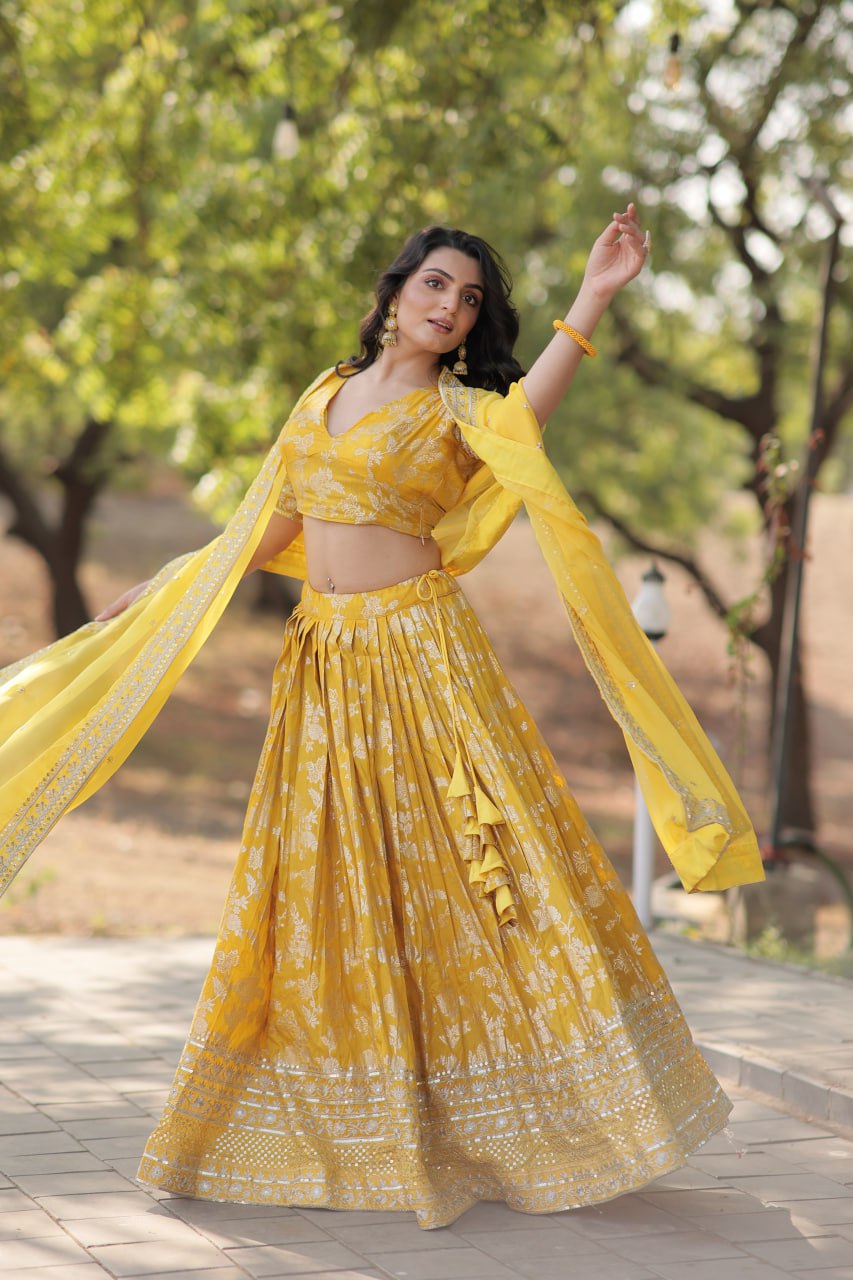Lorenvalley Yellow Pure Viscose Jacquard with Embroidered Sequins work Lehenga Choli | Swadesiicart