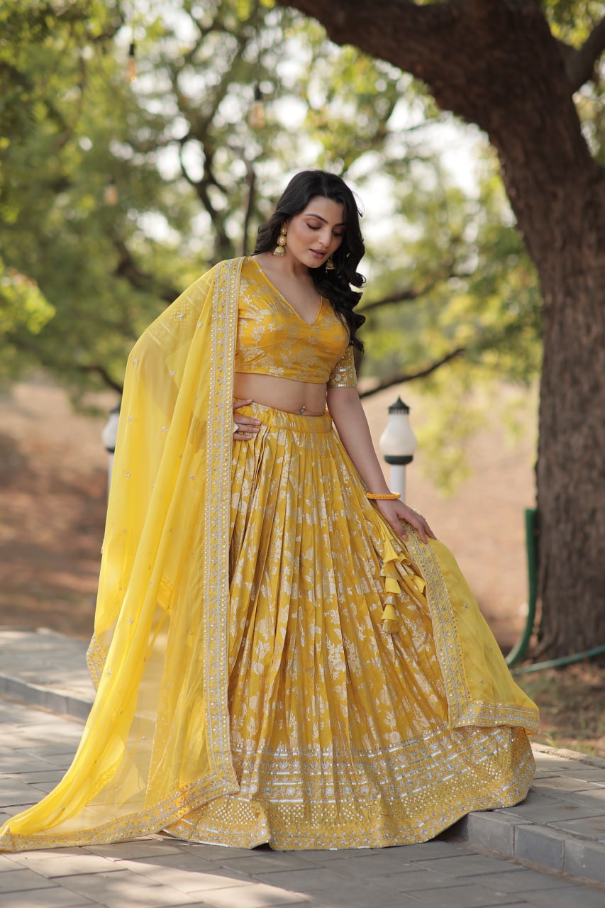 Lorenvalley Yellow Pure Viscose Jacquard with Embroidered Sequins work Lehenga Choli | Swadesiicart