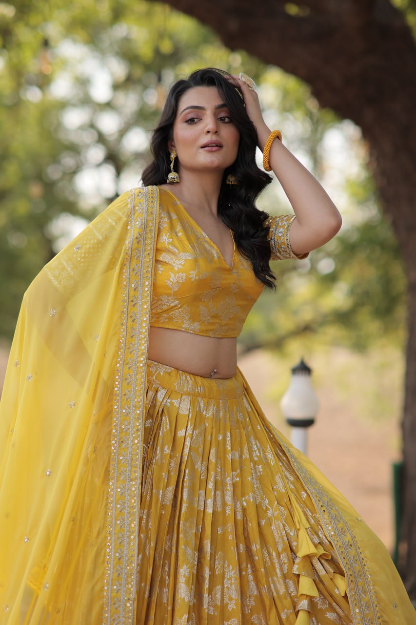 Lorenvalley Yellow Pure Viscose Jacquard with Embroidered Sequins work Lehenga Choli | Swadesiicart
