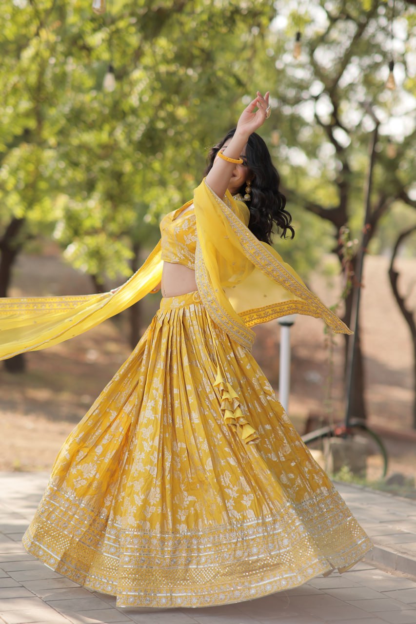 Lorenvalley Yellow Pure Viscose Jacquard with Embroidered Sequins work Lehenga Choli | Swadesiicart