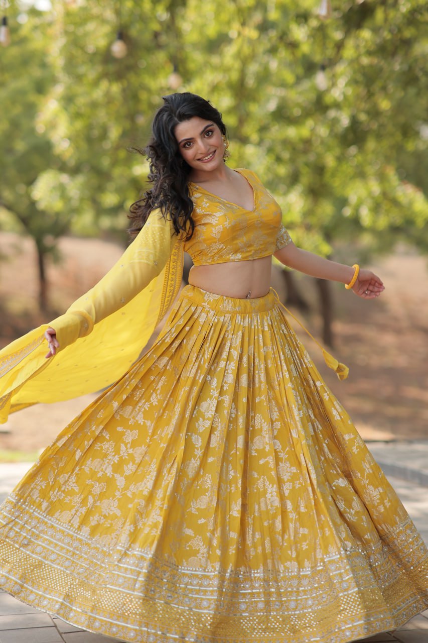 Lorenvalley Yellow Pure Viscose Jacquard with Embroidered Sequins work Lehenga Choli | Swadesiicart