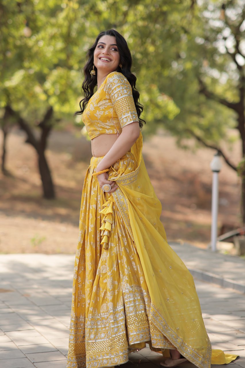 Lorenvalley Yellow Pure Viscose Jacquard with Embroidered Sequins work Lehenga Choli | Swadesiicart