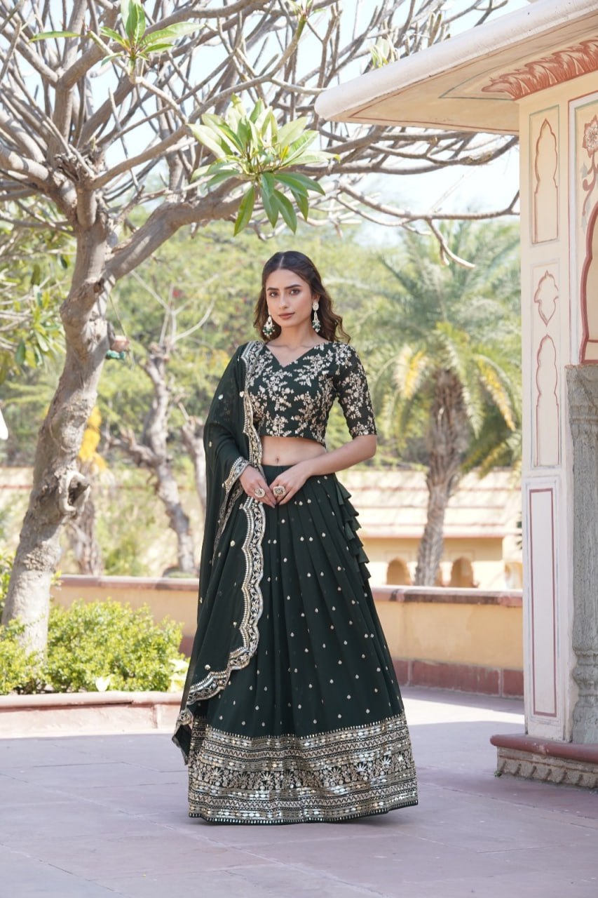 Lorenvalley Green Faux Blooming Georgette with Sequins Embroidered work Lehenga Choli | Swadesiicart