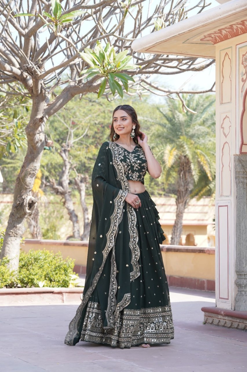 Lorenvalley Green Faux Blooming Georgette with Sequins Embroidered work Lehenga Choli | Swadesiicart