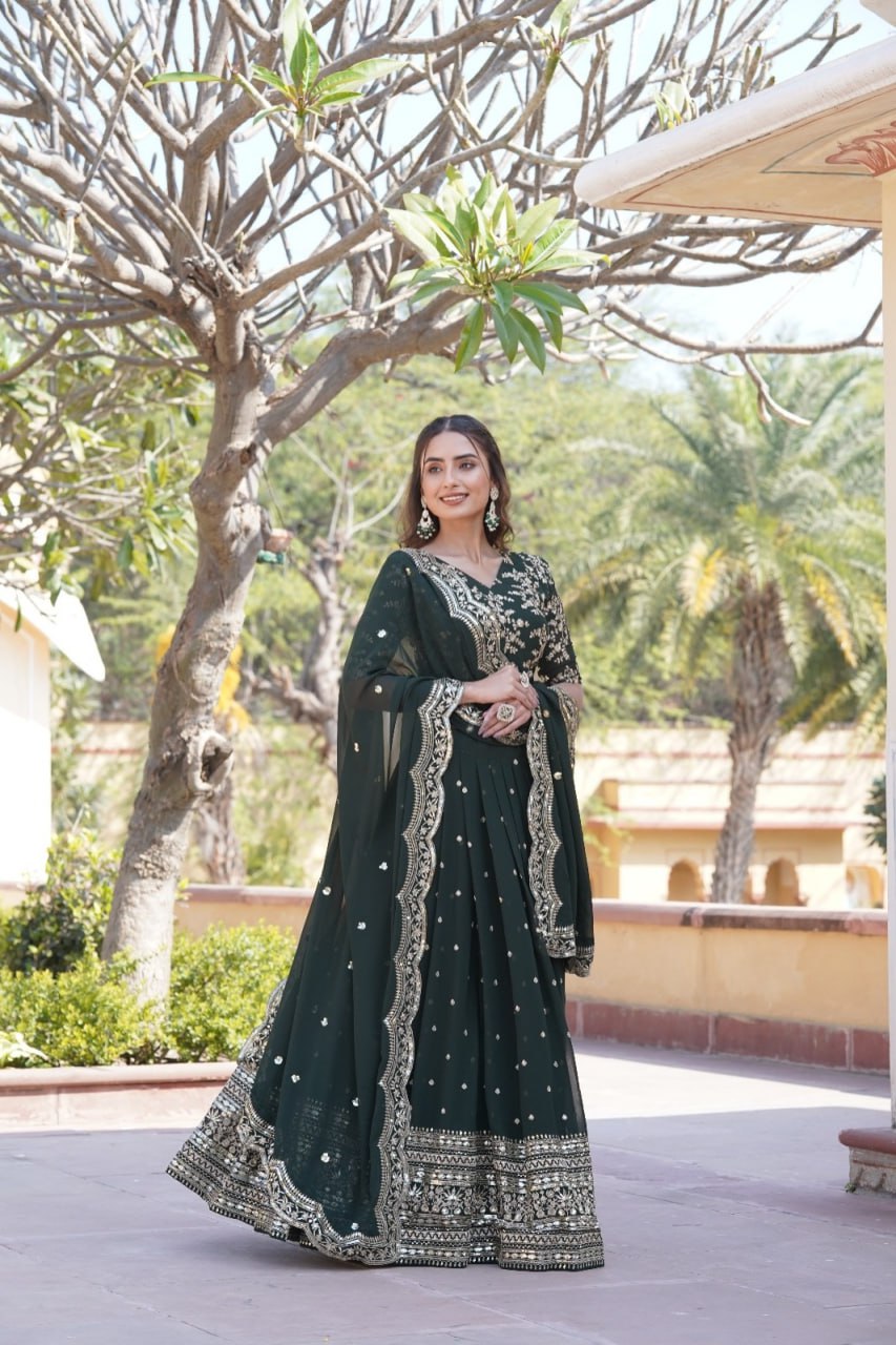 Lorenvalley Green Faux Blooming Georgette with Sequins Embroidered work Lehenga Choli | Swadesiicart