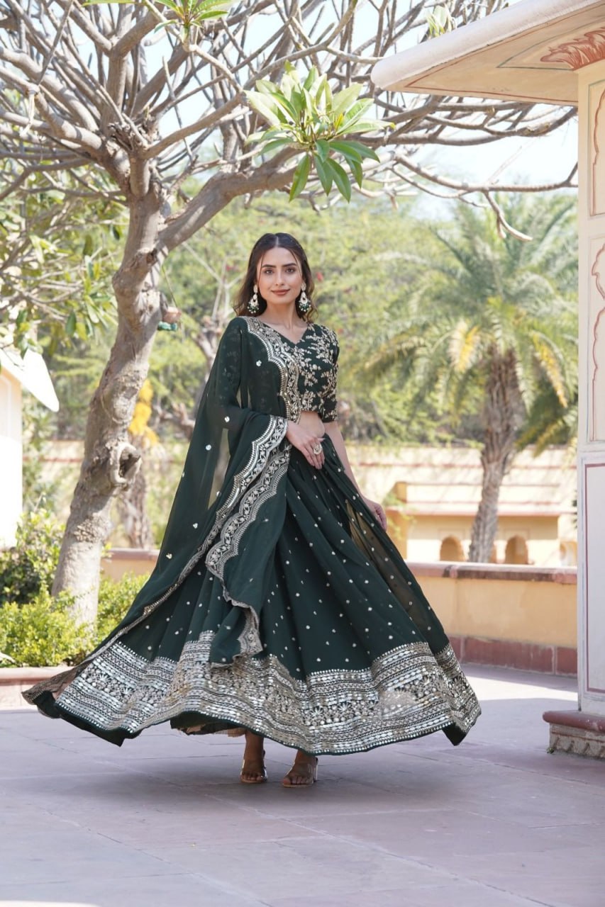 Lorenvalley Green Faux Blooming Georgette with Sequins Embroidered work Lehenga Choli | Swadesiicart