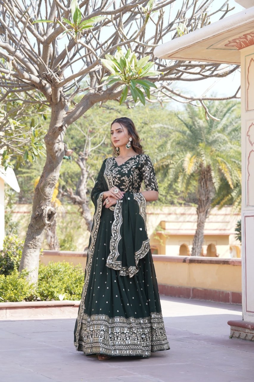 Lorenvalley Green Faux Blooming Georgette with Sequins Embroidered work Lehenga Choli | Swadesiicart