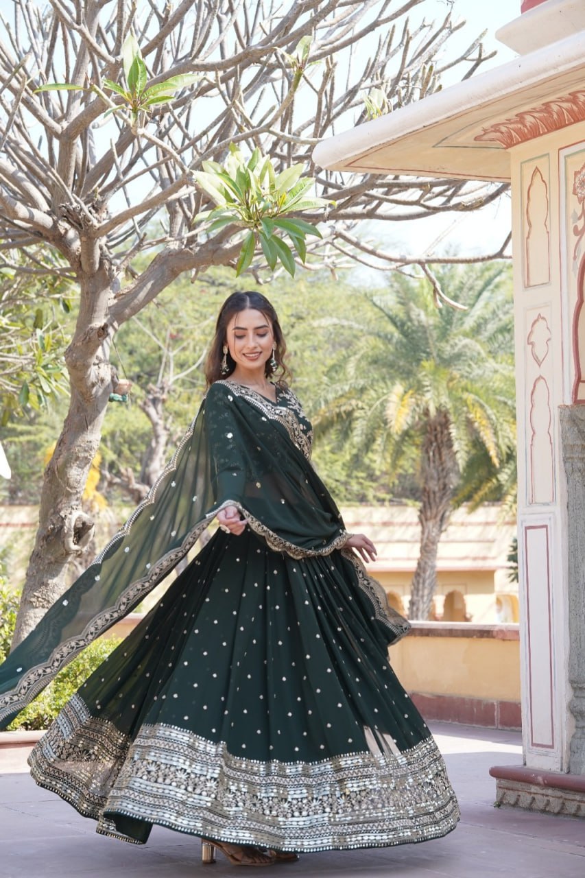 Lorenvalley Green Faux Blooming Georgette with Sequins Embroidered work Lehenga Choli | Swadesiicart
