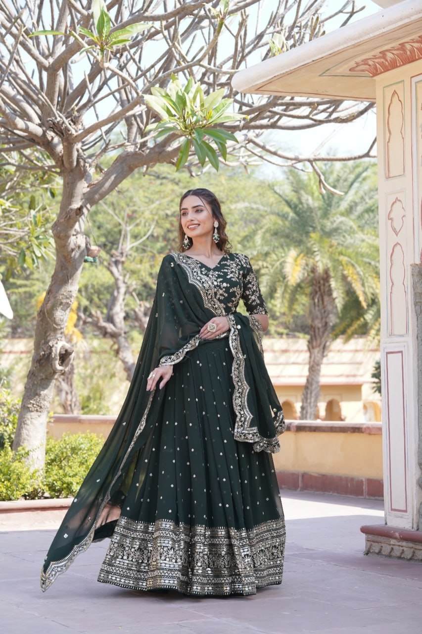 Lorenvalley Green Faux Blooming Georgette with Sequins Embroidered work Lehenga Choli | Swadesiicart
